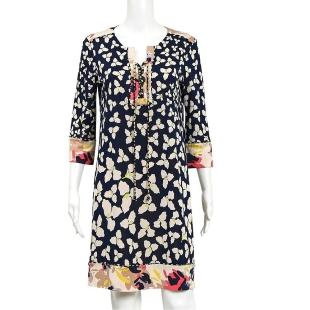 Diane von Furstenberg Womens Silk Cottage Floral Tunic Dress 2 Navy Blue White